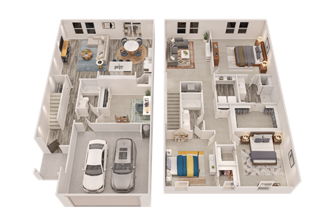 A cutaway diagram of a house showing the interior layout of two floors.